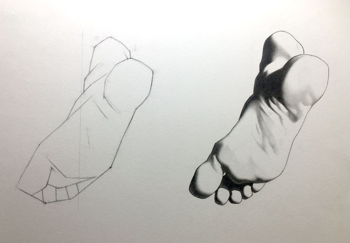 the completed Bargue drawing of a foot